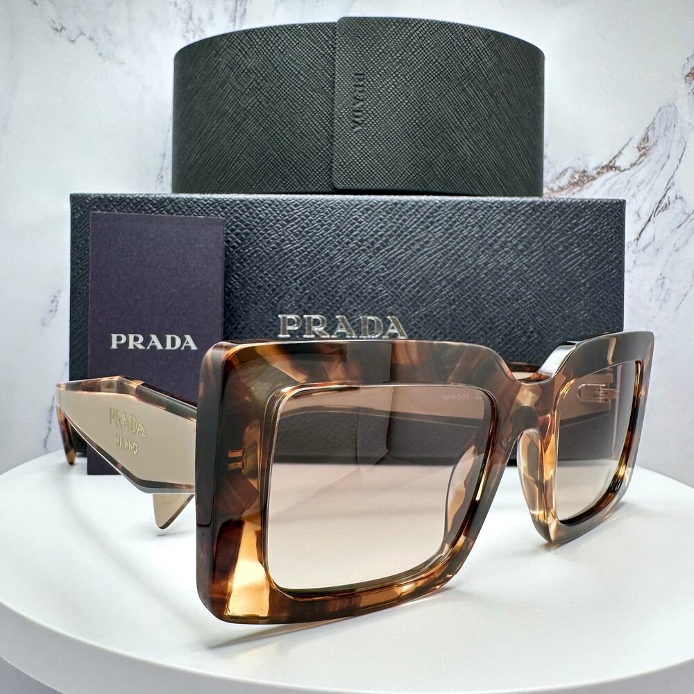 New PRADA Sunglasses Brown Beige Caramel Tortoise Gold Symbole Womens Rectangle